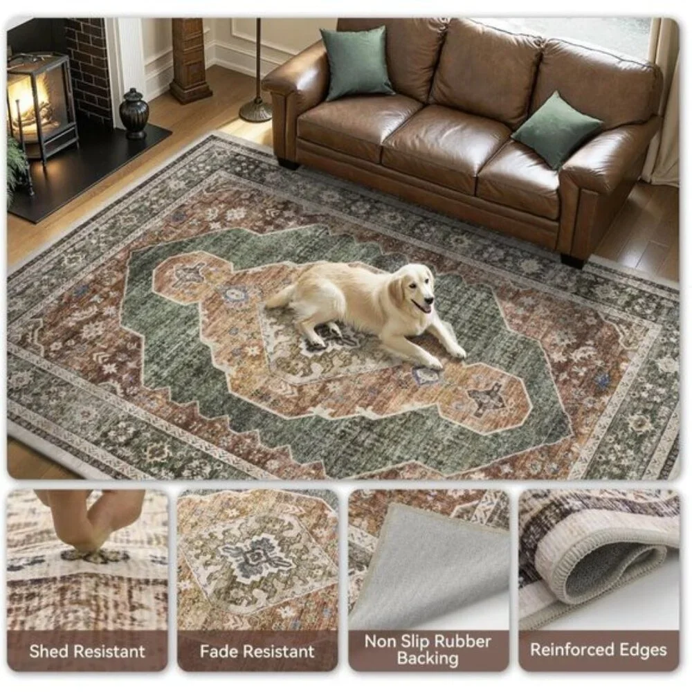 New 5x7 Sage Green Area Rug, Washable Vintage Non-Slip Carpet for Home Decor